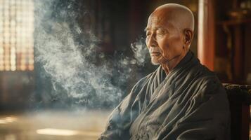 An old man in a monk robe is smoking photo