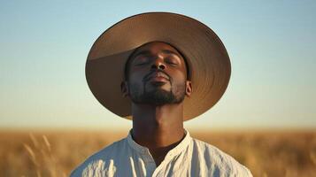 A man in a hat is looking up at the sky photo