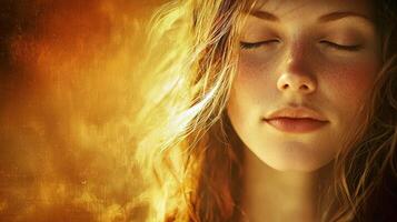 A woman with her eyes closed and her hair blowing in the wind photo