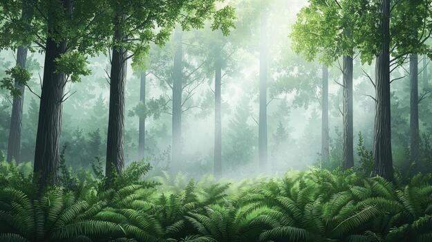 A forest scene with green trees and ferns photo