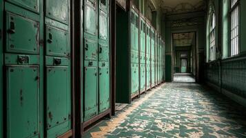 A long hallway with green lockers and ornate tile flooring photo