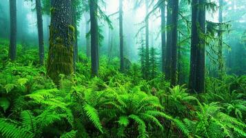 Ferns and trees in a forest with fog photo