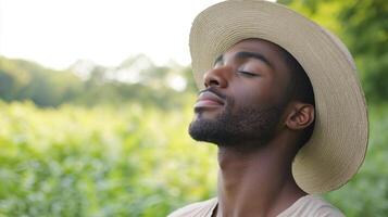A man wearing a hat in a field photo