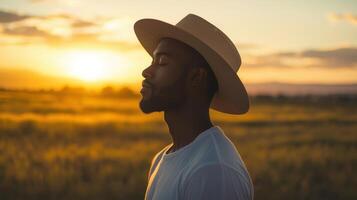 A man in a hat is looking up at the sun photo
