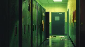 A hallway with green lockers and a door photo