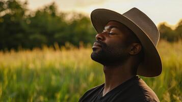 A man in a hat is looking up at the sky photo