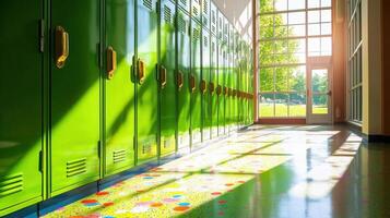 Green lockers in a school hallway with the sun shining through photo