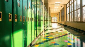 A row of green lockers in a hallway photo