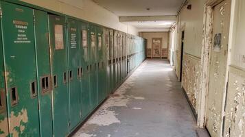 A long hallway with green lockers and graffiti photo