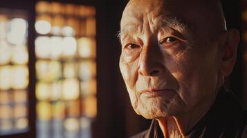 An old man with a bald head looks into the distance photo