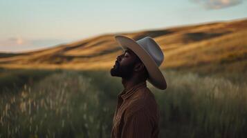A man wearing a cowboy hat in a field photo