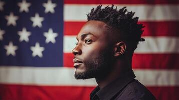 A man with dreadlocks in front of an american flag photo