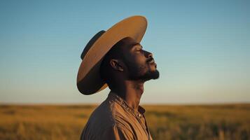 A man in a hat looking up at the sky photo