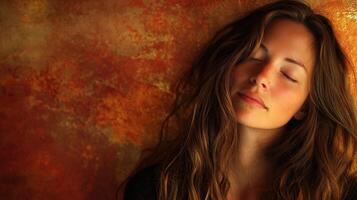 A woman with her eyes closed and her head resting on a wall photo