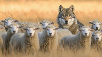 A wolf is surrounded by sheep in a field photo
