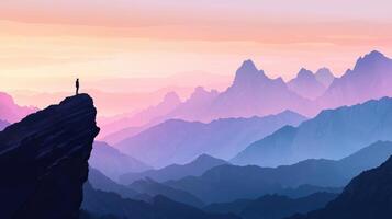 A man standing on the edge of a mountain at sunset photo