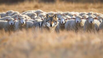 Wolf and sheep in the field photo