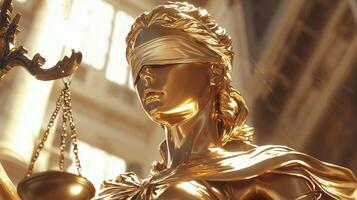 A golden statue of lady justice holding a scale photo
