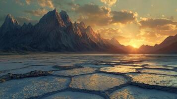 A desert landscape with mountains and sun photo