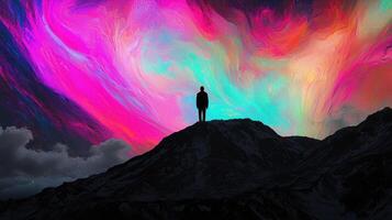 A man standing on top of a mountain with a colorful aurora photo