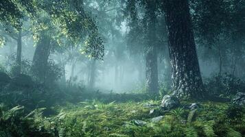 A forest scene with trees and grass photo