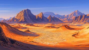 A desert landscape with mountains and water photo