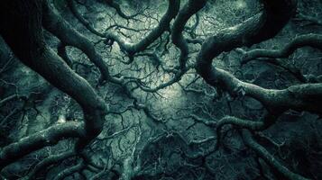 Gnarled branches intertwine overhead, forming a tangled pattern against a dimly lit sky. The atmosphere evokes a sense of mystery and enchantment in the forest photo