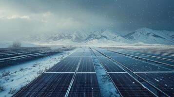 Solar panels in the snow on a snowy mountain photo
