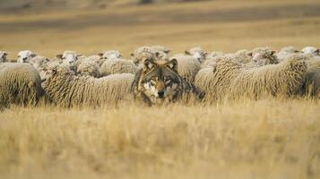 In a golden meadow at late afternoon, a wolf stealthily blends into a flock of sheep. The sheep graze leisurely, unaware of the lurking predator nearby photo
