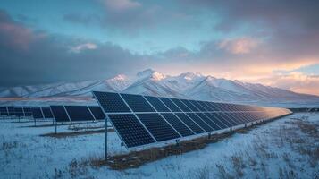 Rows of solar panels stand positioned in a snowy landscape, reflecting the soft light of twilight. Majestic mountains rise in the background, creating a serene and impactful view photo