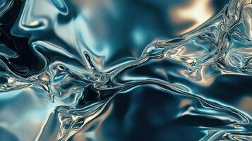 A textured metallic surface in shades of blue showcases intricate patterns and reflections. Soft lighting highlights the fluidity and movement of the material, creating a dynamic visual effect photo