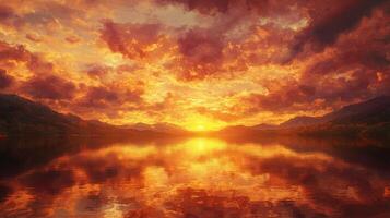 A breathtaking sunset casts luminous orange and purple hues across the sky, reflecting beautifully on the calm surface of the lake surrounded by mountains photo