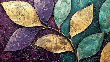Vibrant leaves in shades of purple, gold, and teal are intricately arranged, providing a striking decorative element in a contemporary indoor space photo