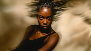 A woman with her hair blowing in the wind photo