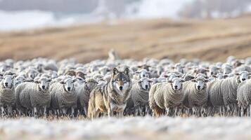 Wolf and sheep in the snow photo