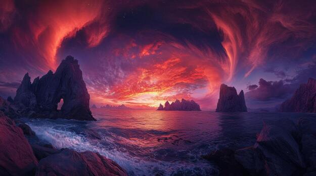 A beautiful sunset over the ocean with rocks and clouds photo