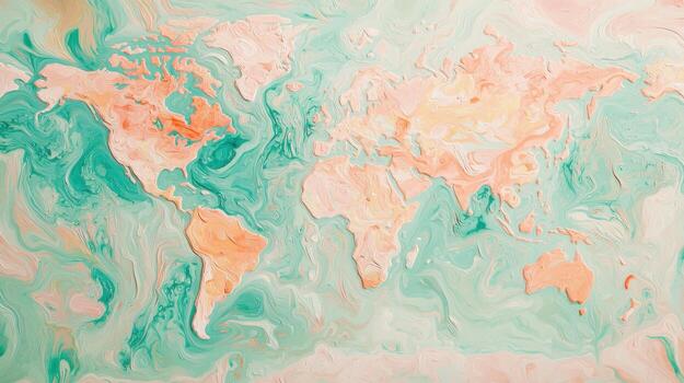 A painting of a world map with orange and green colors photo