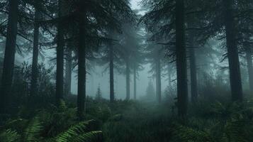 A dark forest with trees and ferns photo