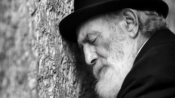 An old man with a beard leaning against a wall photo