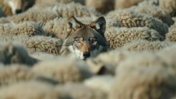 Wolf in a flock of sheep photo