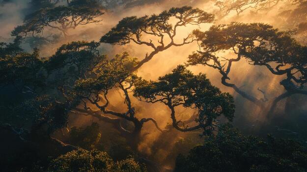 Sunlight shining through trees in the forest photo