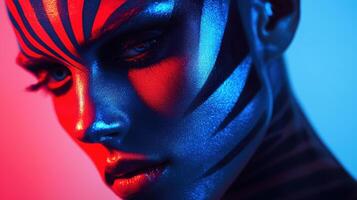A woman with blue and red paint on her face photo