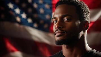 A black man with an american flag in the background photo