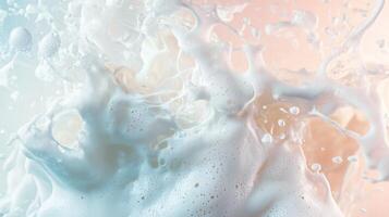 A close up of a white liquid splashing on a pink background photo