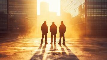Three people standing in front of a city at sunset photo
