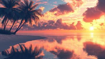 Vibrant sunset casts warm hues on a peaceful beach, where palm trees stand tall beside the shore. Soft waves gently lap at the sand, creating a serene atmosphere photo
