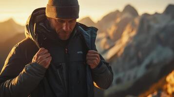 A man in a jacket and hat standing on a mountain photo