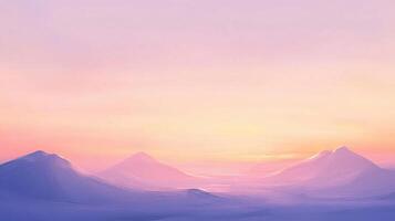 A soft pastel sunrise unfolds over majestic mountains, casting a warm glow across a peaceful landscape. The stillness invites contemplation and awe of nature's beauty photo