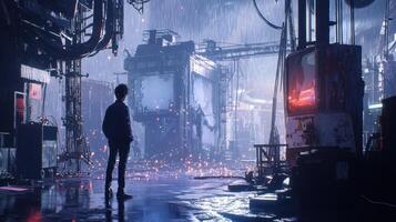 A man standing in the rain in a dark city photo
