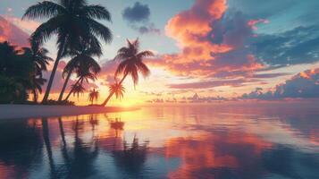 Vibrant colors fill the sky as the sun sets over a serene tropical beach. Palm trees stand silhouetted against the orange and pink hues, while gentle waves reflect the evening light photo